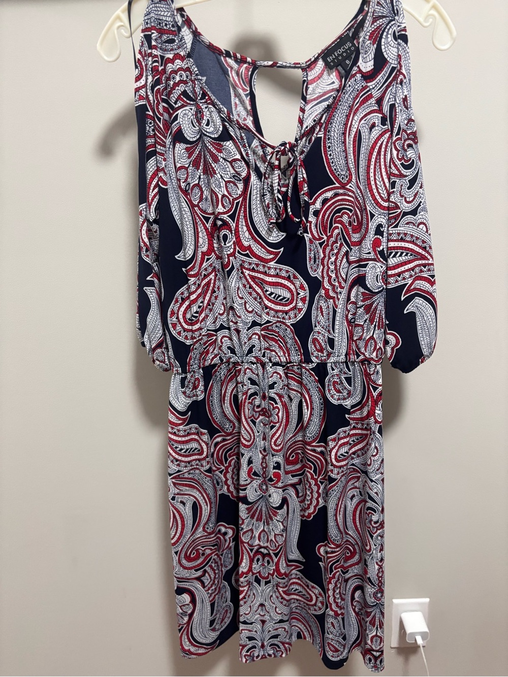 Enfocus Studio Navy, Red & White Paisley Cold-Shoulder Midi Dress